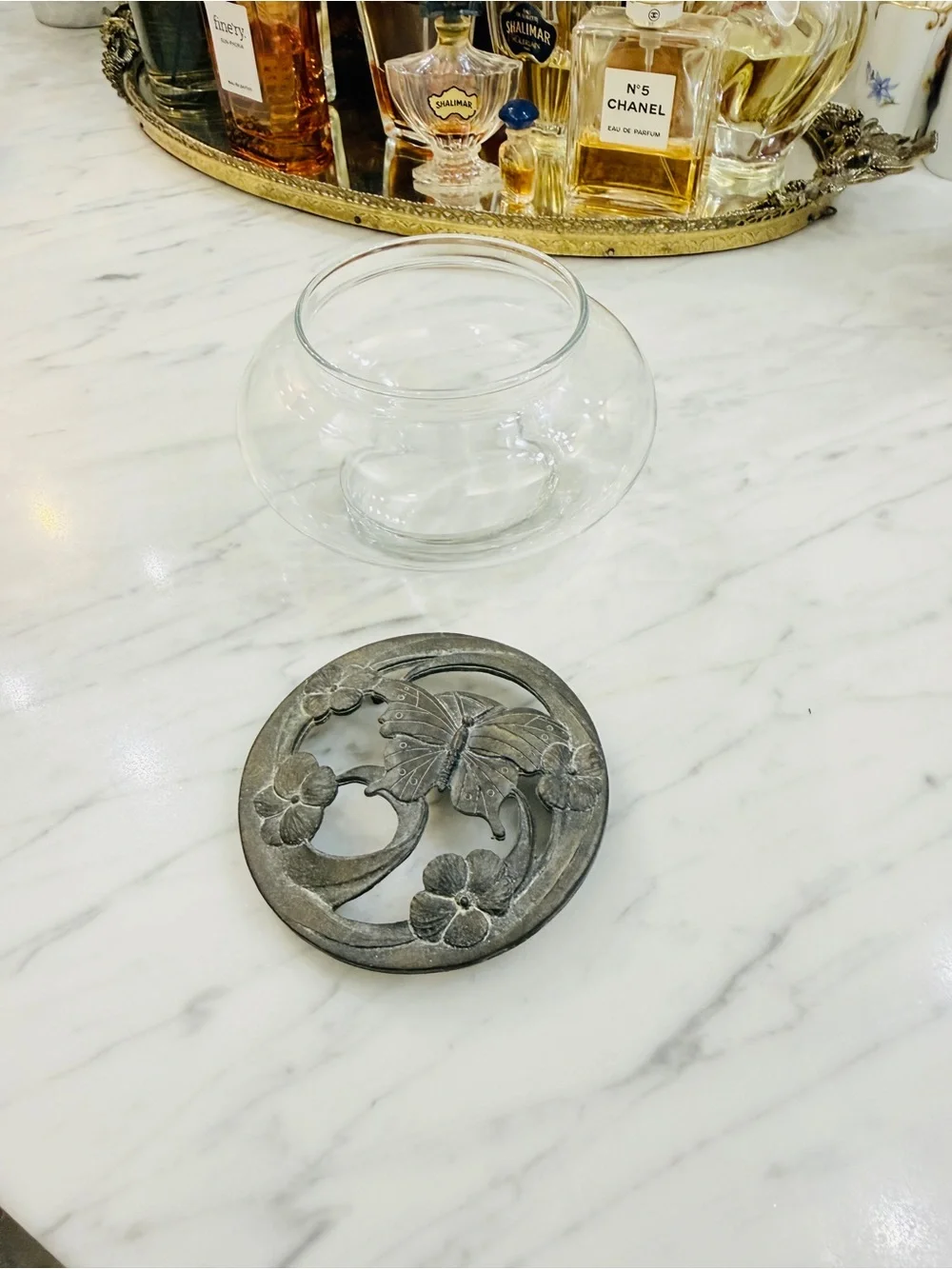 Vintage Clear Glass Trinket / Potpourri Jar w/ Ornate Bronze Butterfly Lid